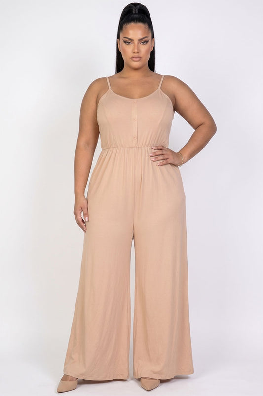 Plus Size Button Front Wide Leg Jumpsuit
