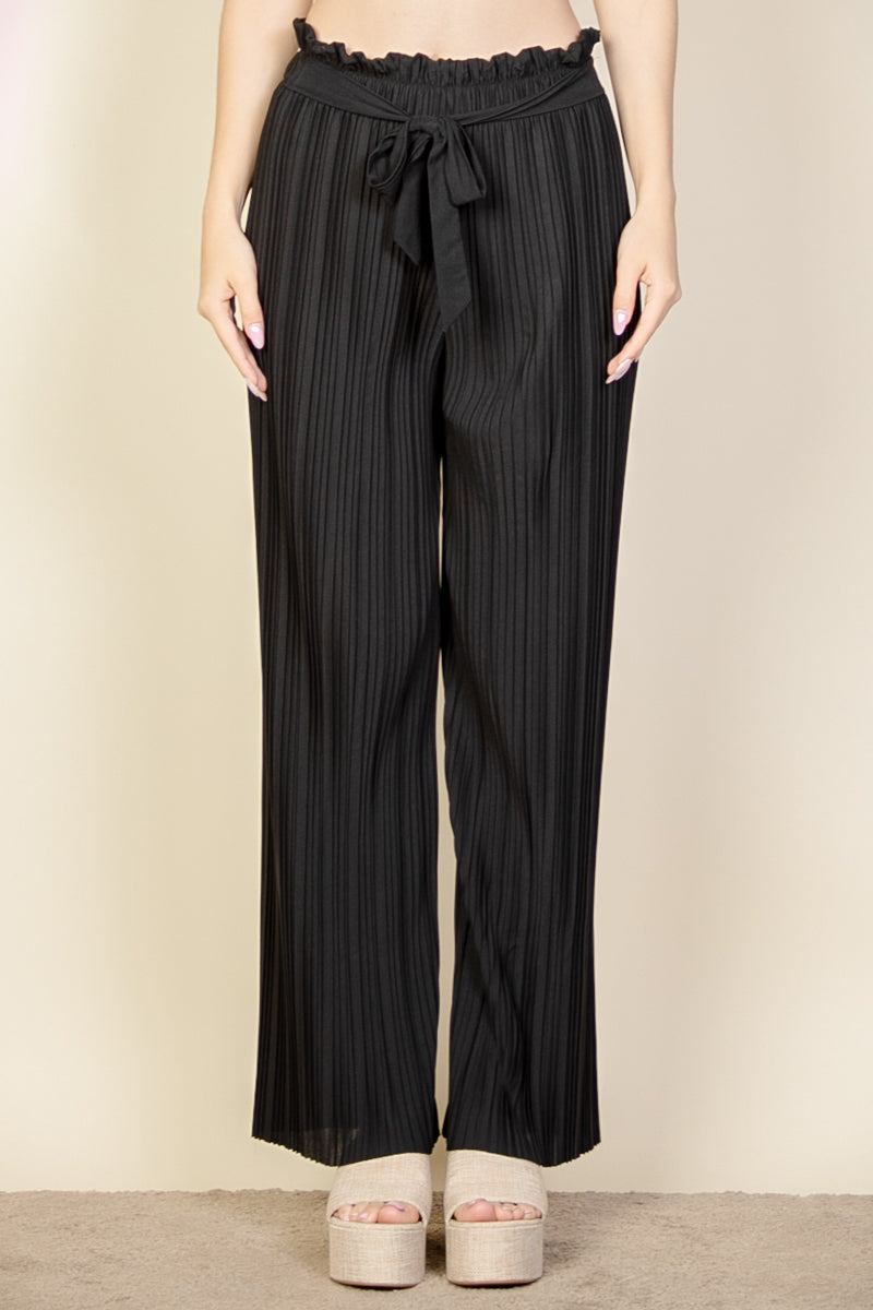 Pleated Stretch Crepe Pull-On Wide Leg Tie Front Pants - Capella Apparel