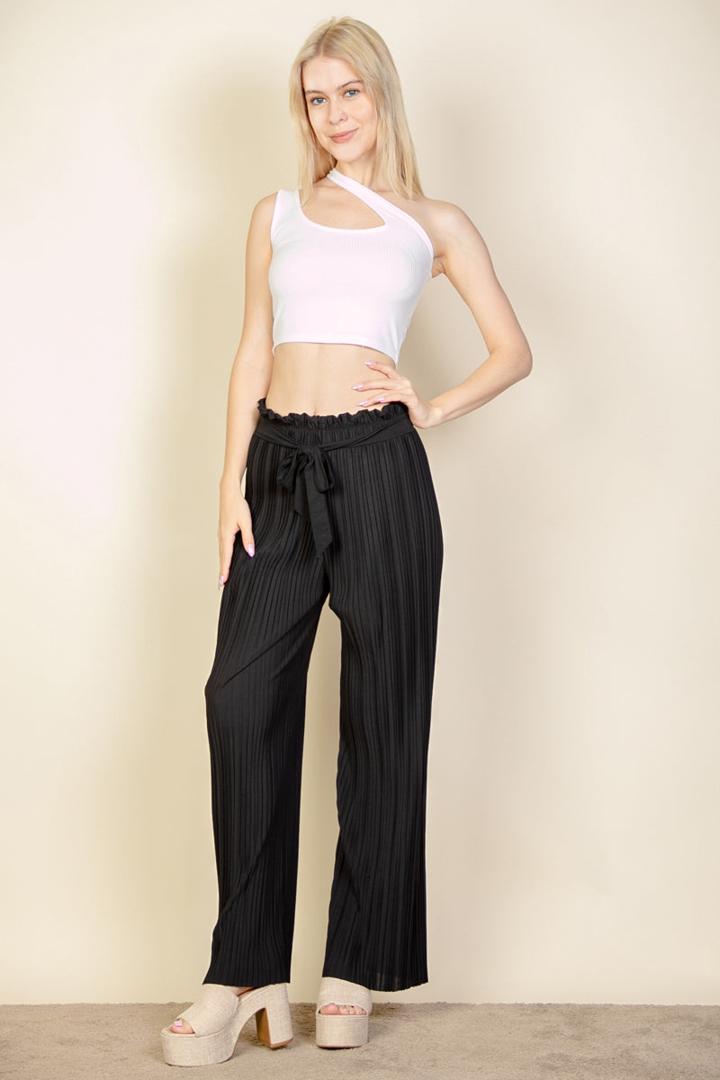 Pleated Stretch Crepe Pull-On Wide Leg Tie Front Pants - Capella Apparel