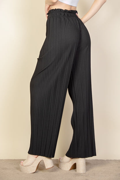 Pleated Stretch Crepe Pull-On Wide Leg Tie Front Pants - Capella Apparel