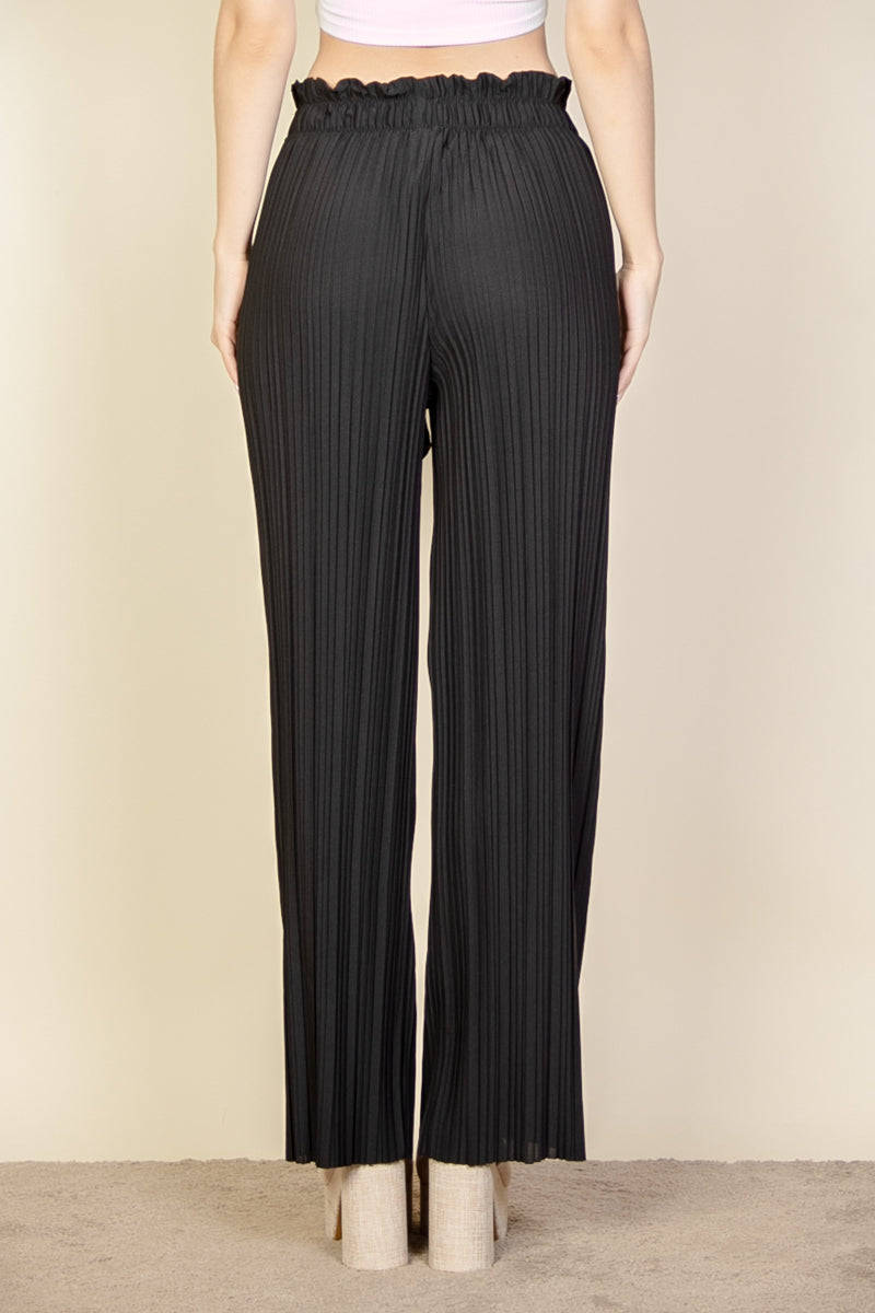 Pleated Stretch Crepe Pull-On Wide Leg Tie Front Pants - Capella Apparel