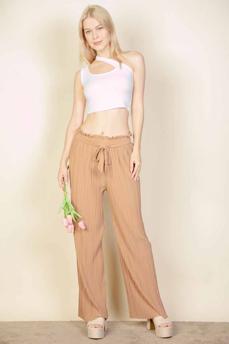 Pleated Stretch Crepe Pull-On Wide Leg Tie Front Pants - Capella Apparel