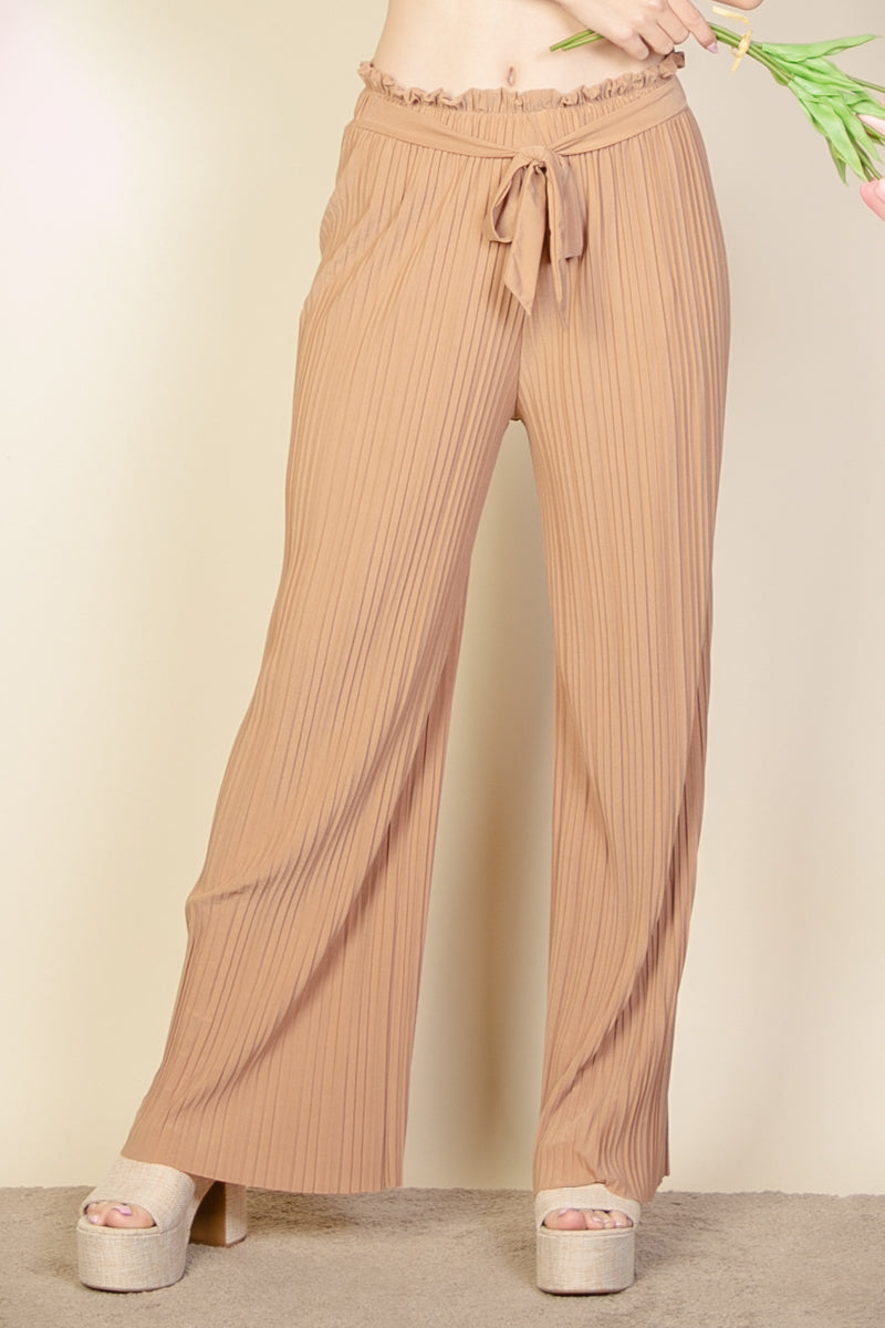 Pleated Stretch Crepe Pull-On Wide Leg Tie Front Pants - Capella Apparel