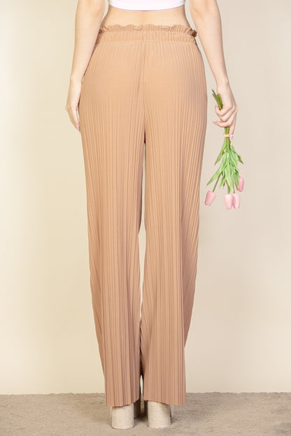 Pleated Stretch Crepe Pull-On Wide Leg Tie Front Pants - Capella Apparel