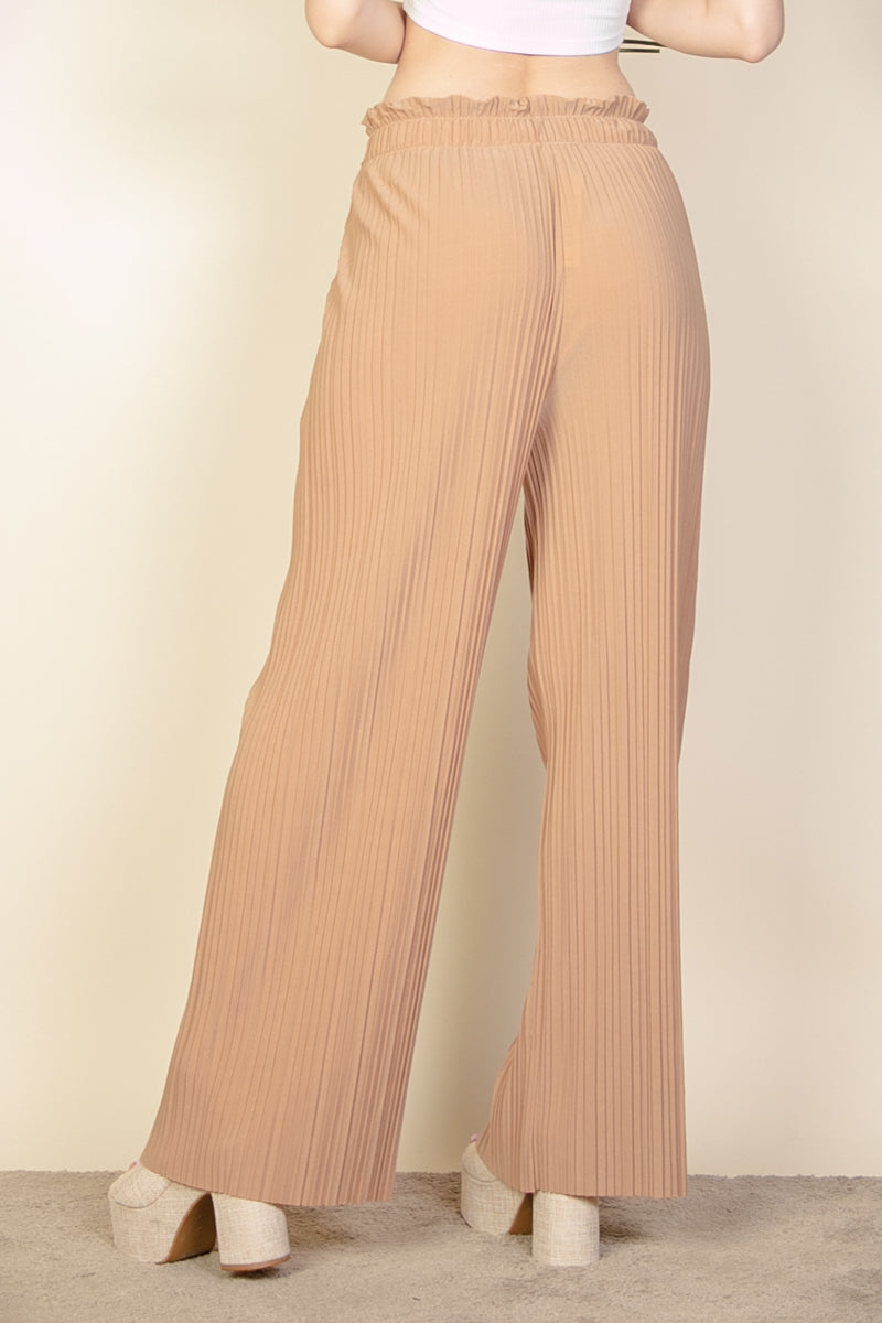 Pleated Stretch Crepe Pull-On Wide Leg Tie Front Pants - Capella Apparel