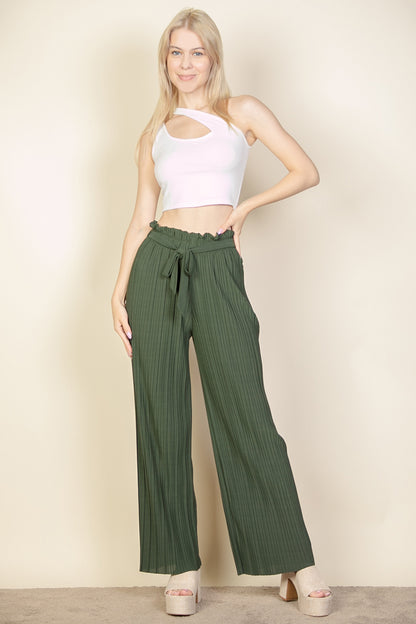 Pleated Stretch Crepe Pull-On Wide Leg Tie Front Pants - Capella Apparel