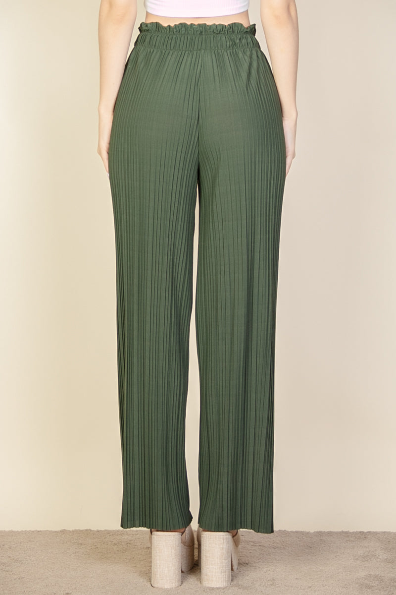 Pleated Stretch Crepe Pull-On Wide Leg Tie Front Pants - Capella Apparel