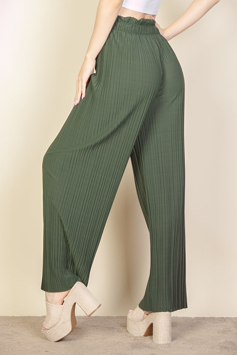 Pleated Stretch Crepe Pull-On Wide Leg Tie Front Pants - Capella Apparel