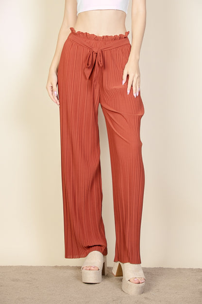 Pleated Stretch Crepe Pull-On Wide Leg Tie Front Pants - Capella Apparel