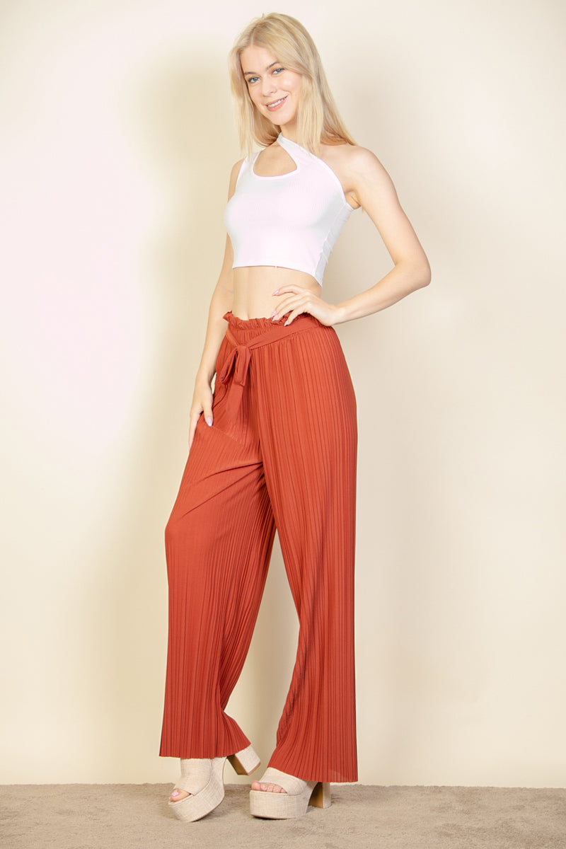 Pleated Stretch Crepe Pull-On Wide Leg Tie Front Pants - Capella Apparel