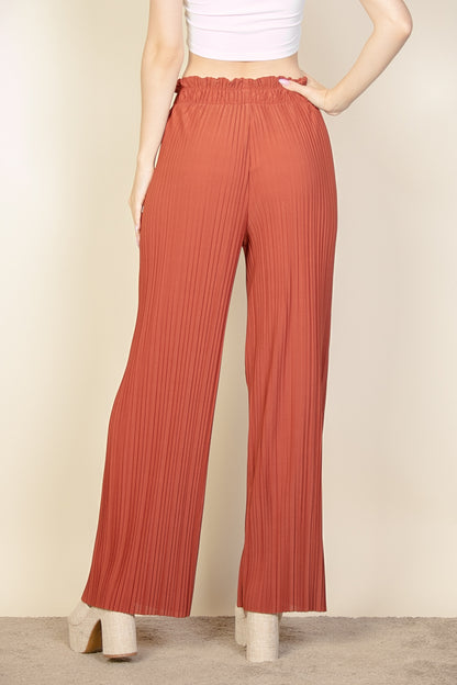 Pleated Stretch Crepe Pull-On Wide Leg Tie Front Pants - Capella Apparel