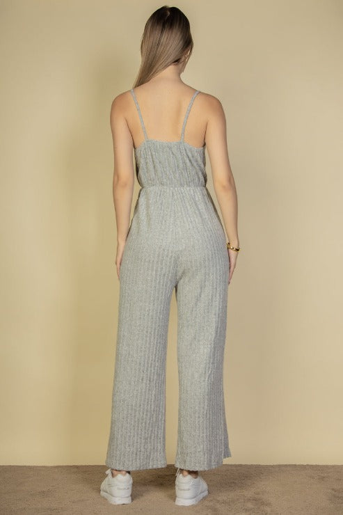 Sweater-Knit Fuzzy Frenchy Tie Front Cami Jumpsuit - Capella Apparel