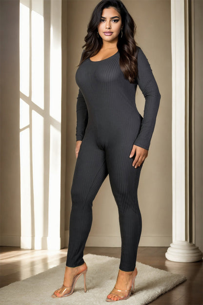 Plus Size Ribbed Scoop Neck Long Sleeve Jumpsuit