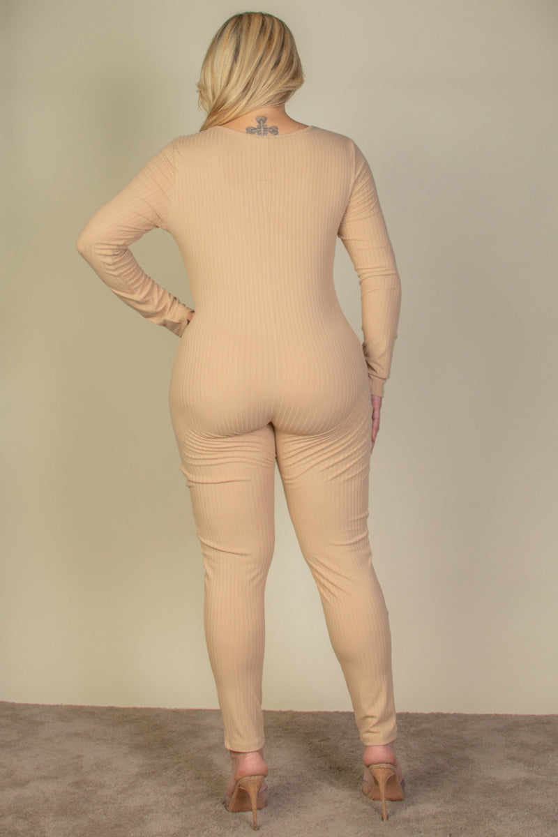 Plus Size Ribbed Scoop Neck Long Sleeve Jumpsuit - Capella Apparel