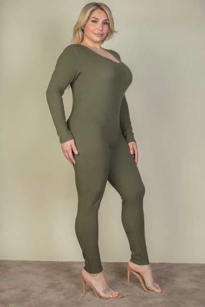 Plus Size Ribbed Scoop Neck Long Sleeve Jumpsuit - Capella Apparel