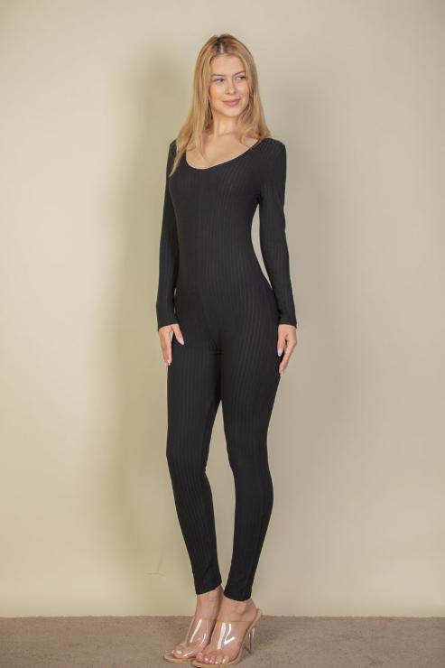 Ribbed Scoop Neck Long Sleeve Jumpsuit - Capella Apparel