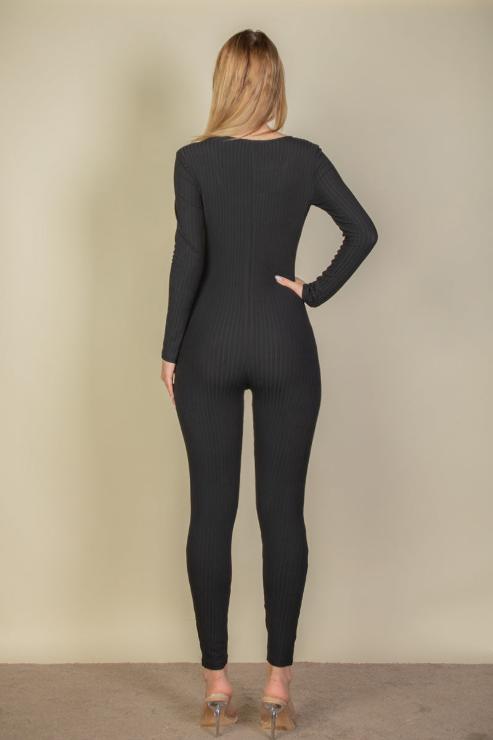 Ribbed Scoop Neck Long Sleeve Jumpsuit - Capella Apparel