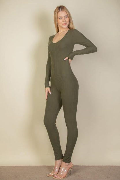 Ribbed Scoop Neck Long Sleeve Jumpsuit - Capella Apparel