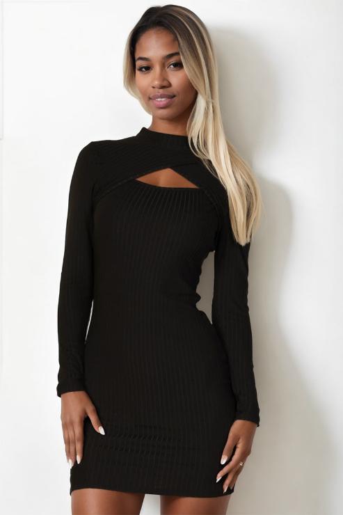 Ribbed Cut Out Front Long Sleeve Bodycon Mini Dress - Capella Apparel