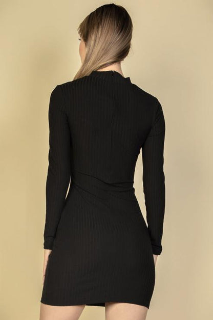 Ribbed Cut Out Front Long Sleeve Bodycon Mini Dress - Capella Apparel