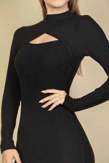 Ribbed Cut Out Front Long Sleeve Bodycon Mini Dress - Capella Apparel