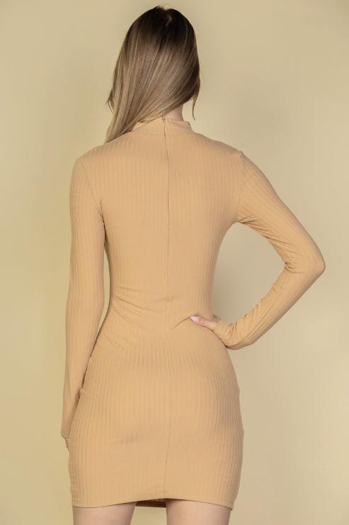 Ribbed Cut Out Front Long Sleeve Bodycon Mini Dress - Capella Apparel