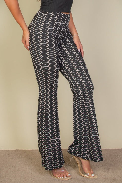 Wavy Print High Waist Flare Pants - Capella Apparel