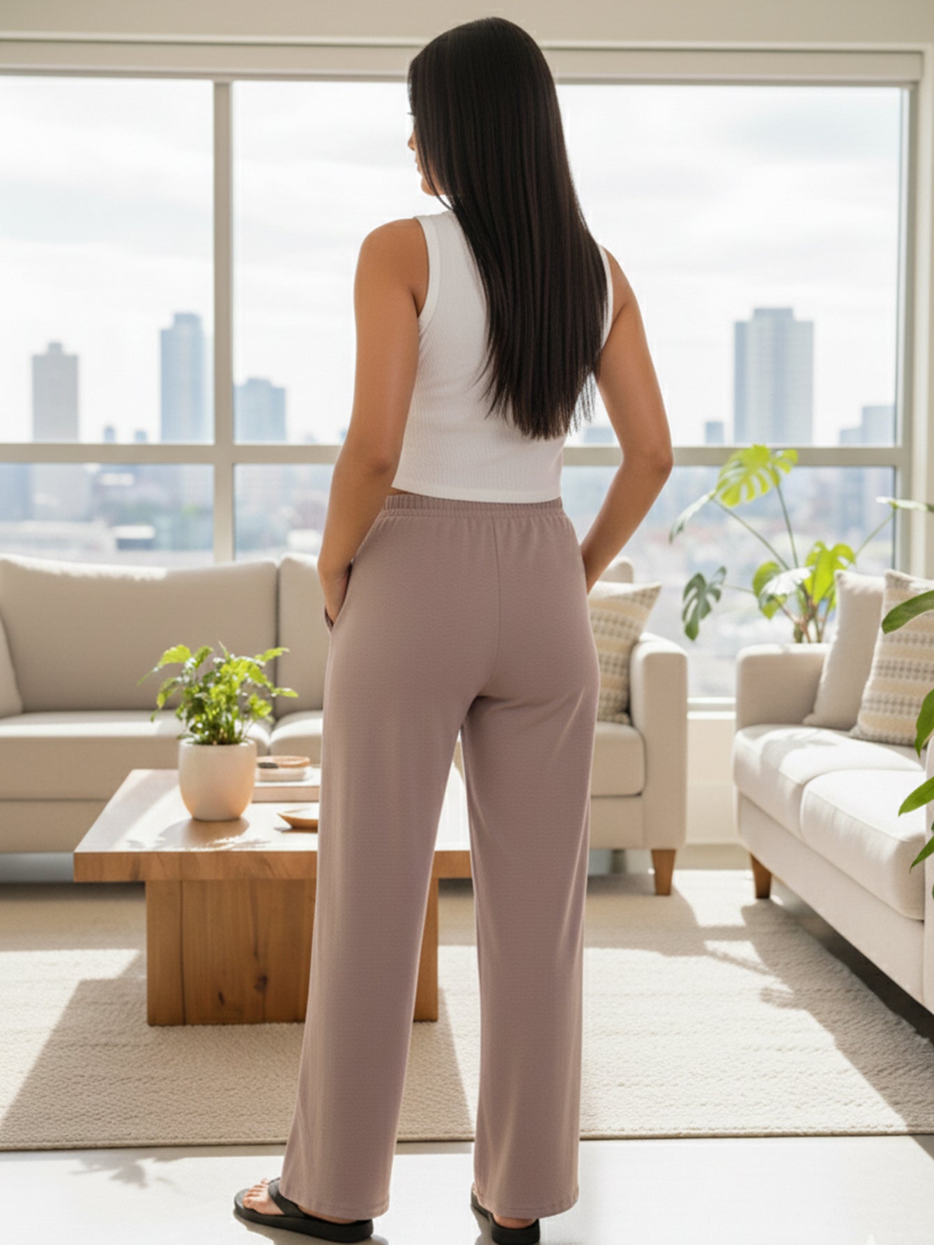 Drawstring waist wide leg minimalist pants