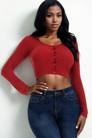 Ribbed Long Sleeve Snap Button Down Crop Top - Wholesale Capella Apparel