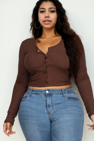 Plus Size Ribbed Long Sleeve Snap Button Down Crop Top - Capella Apparel Wholesale