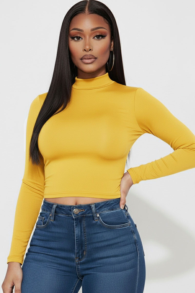Mock Neck Solid Long Sleeve Top