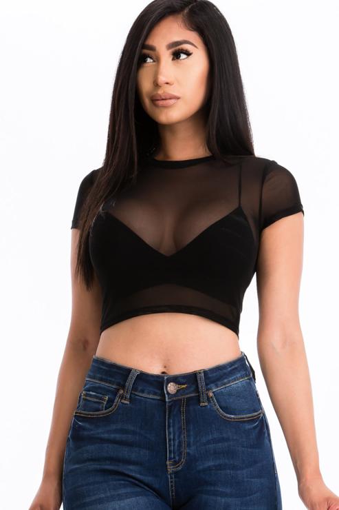 Sexy Mesh Sheer Short Sleeve Crop Top - Wholesale Capella Apparel