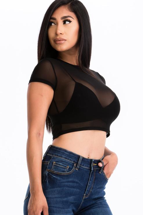 Sexy Mesh Sheer Short Sleeve Crop Top - Wholesale Capella Apparel