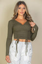 Ribbed Drawstring Long Sleeve Crop Top - Capella Apparel Wholesale