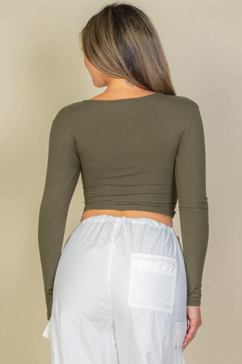 Ribbed Drawstring Long Sleeve Crop Top - Capella Apparel Wholesale