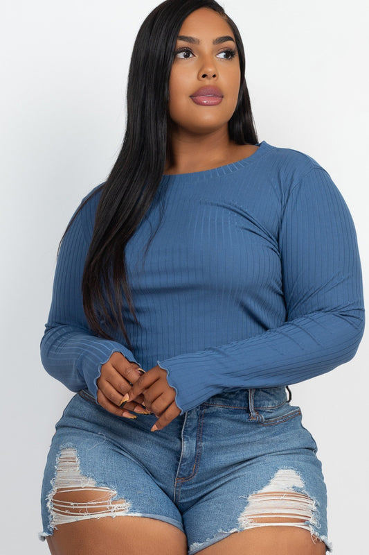 Plus Size Long Sleeve Lettuce Edge Crop Top