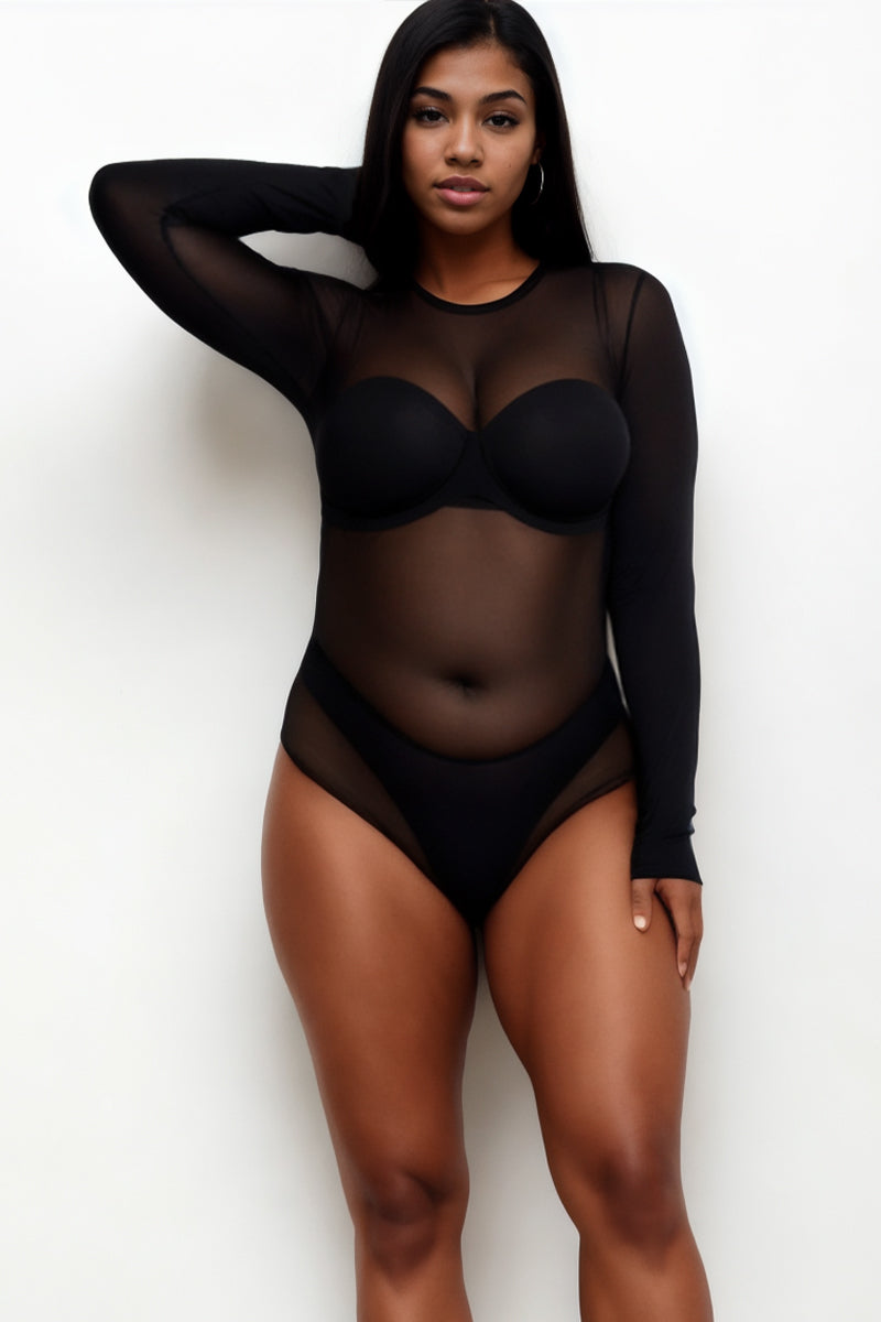 Plus Size Sexy Sheer Mesh Long Sleeve Bodysuit - Capella Apparel