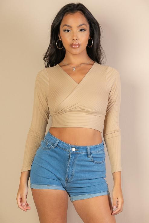 Ribbed Wrap Front Long Sleeve Top - Capella Apparel