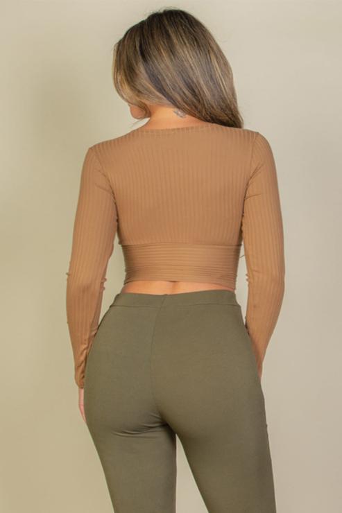 Ribbed Wrap Front Long Sleeve Top - Capella Apparel