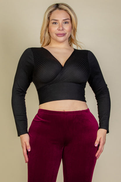 Plus Size Ribbed Wrap Front Long Sleeve Top - Capella Apparel