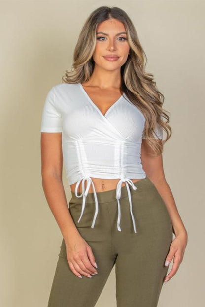 Ribbed Ruched Drawstring Surplice Top - Capella Apparel