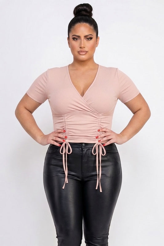 Plus Size Ribbed Ruched Drawstring Surplice Top
