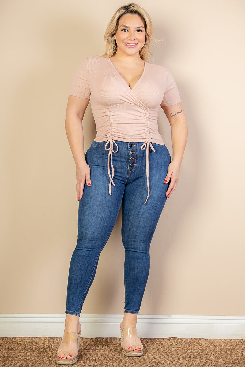 Plus Size Ribbed Ruched Drawstring Surplice Top - Capella Apparel