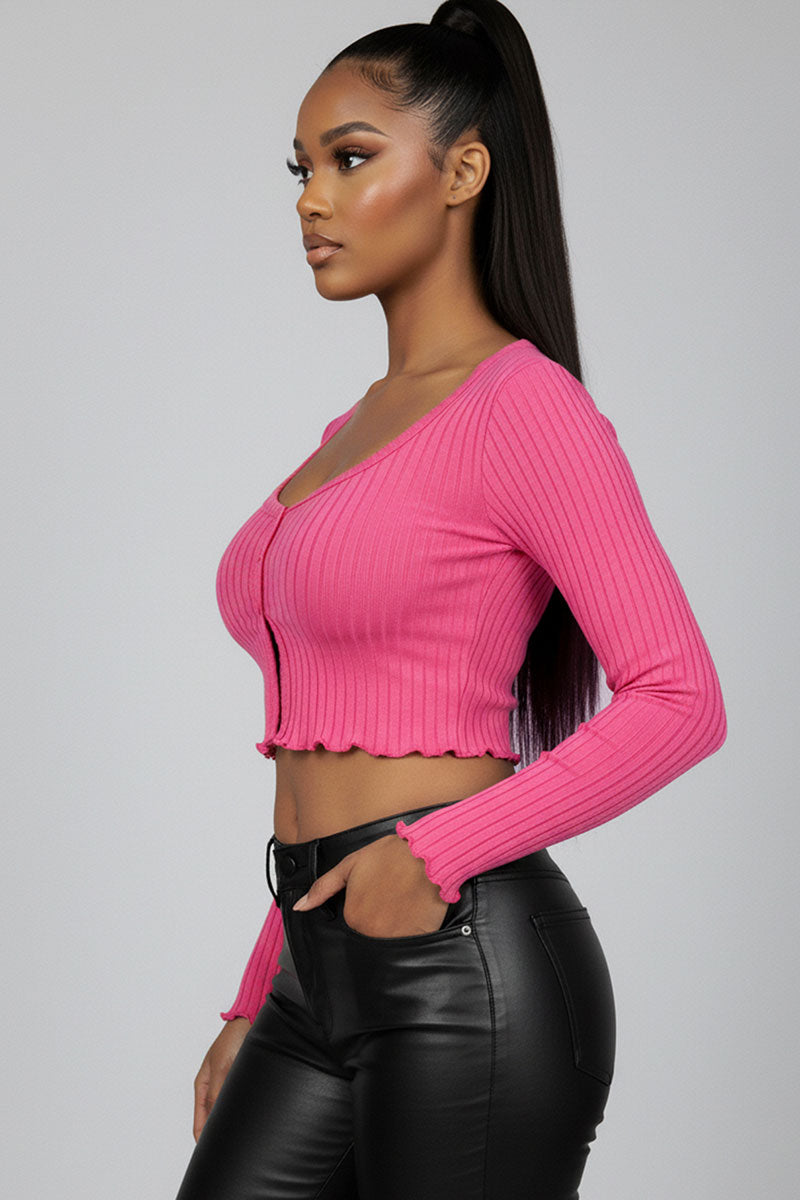 Ribbed Button Front Split Long Sleeve Top