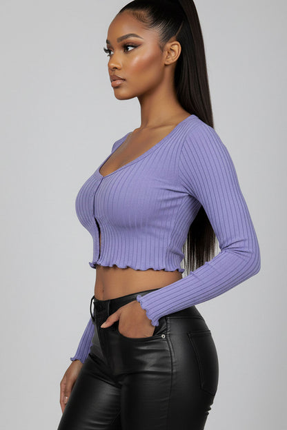Ribbed Button Front Split Long Sleeve Top