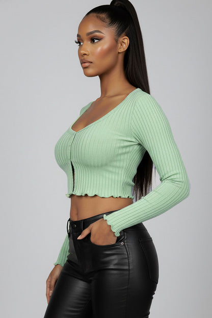 Ribbed Button Front Split Long Sleeve Top