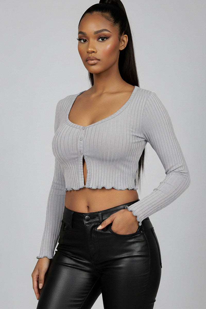 Ribbed Button Front Split Long Sleeve Top