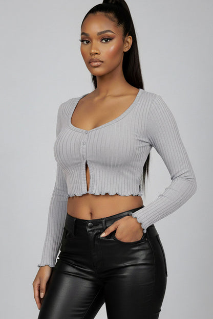 Ribbed Button Front Split Long Sleeve Top