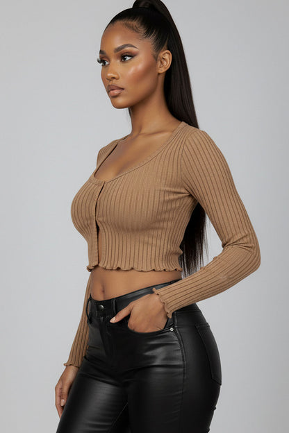 Ribbed Button Front Split Long Sleeve Top