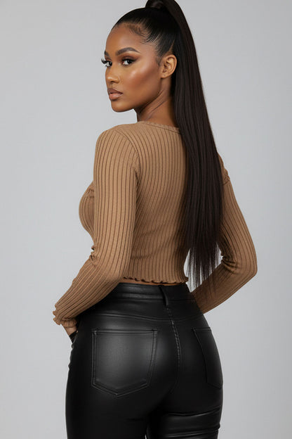 Ribbed Button Front Split Long Sleeve Top